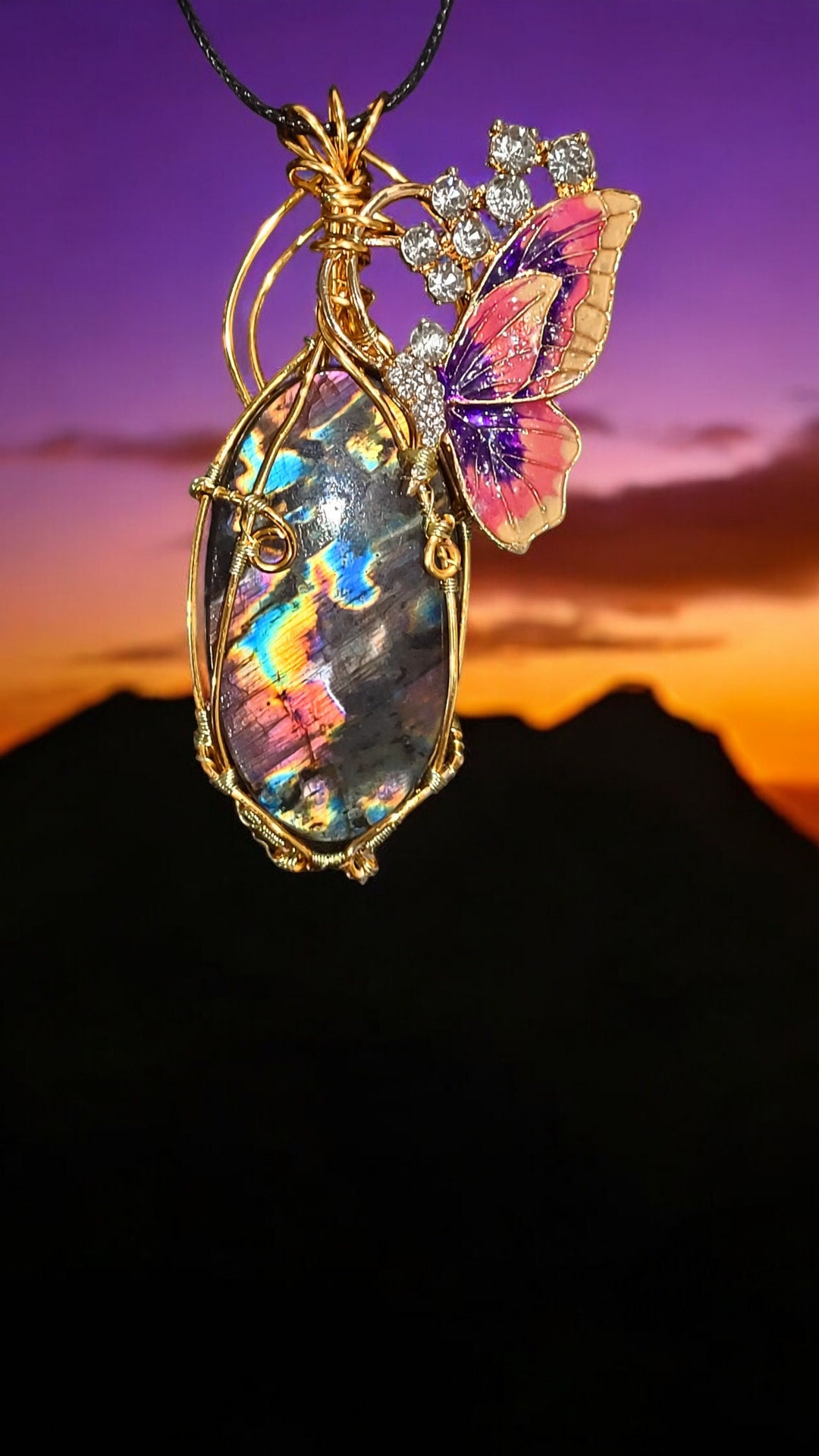 Pink Butterfly Necklace Made With Multicolored Labradorite