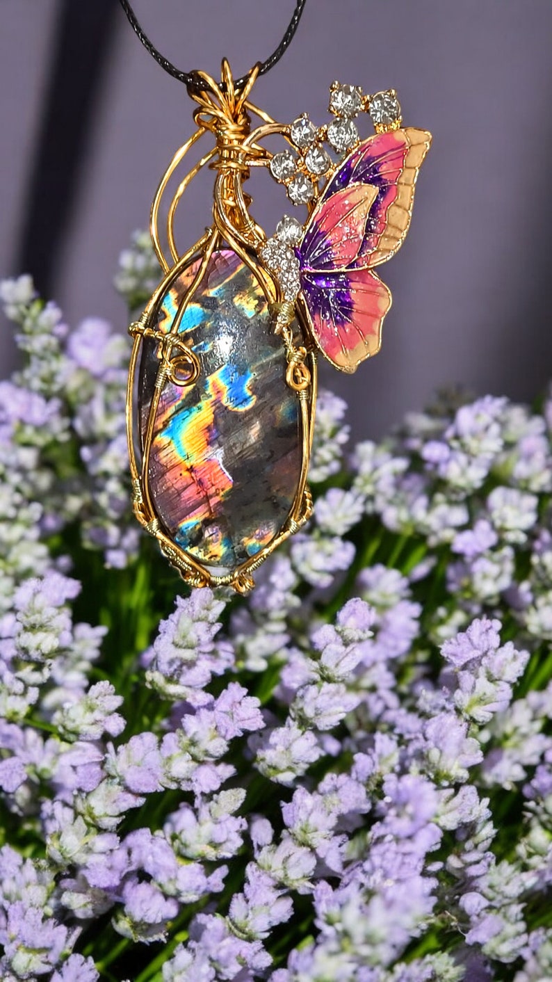 Pink Butterfly Necklace Made With Multicolored Labradorite