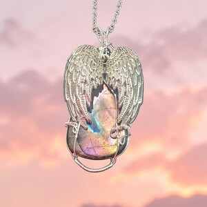 Guardian angel necklace made with labradorite, natural stone angel wing pendant, designer jewelry, angel wing necklace, angel image 7