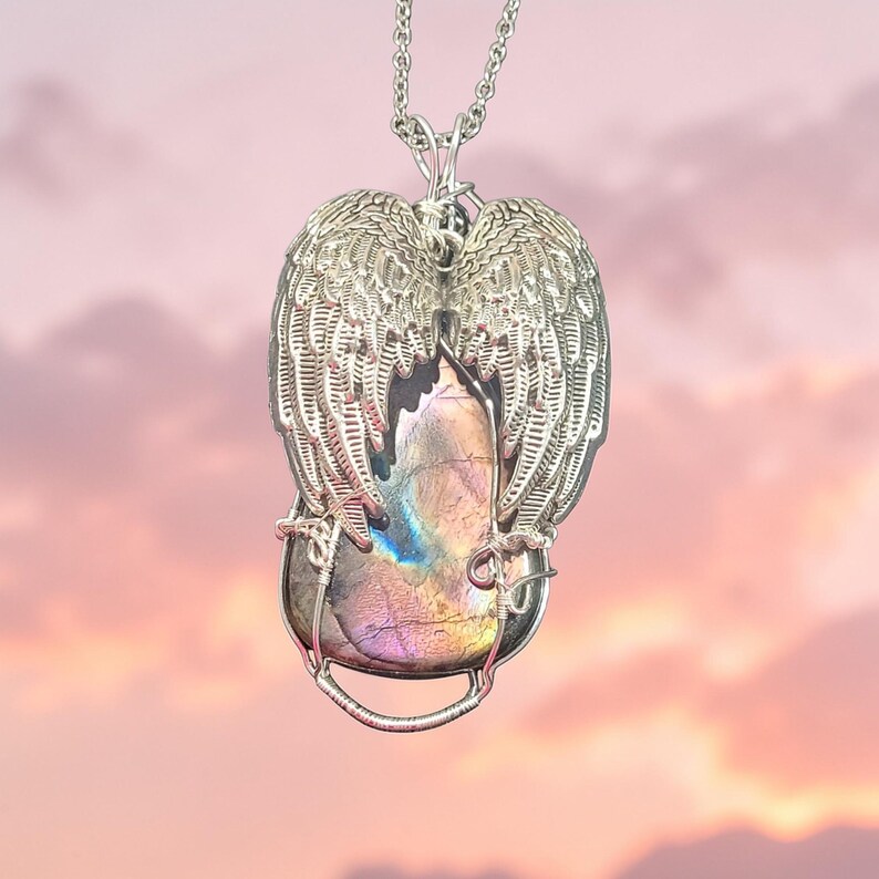 Guardian angel necklace made with labradorite, natural stone angel wing pendant, designer jewelry, angel wing necklace, angel image 7