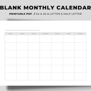 Blank Monthly Calendar Printable | Horizontal Calendar | Basic Calendar ...