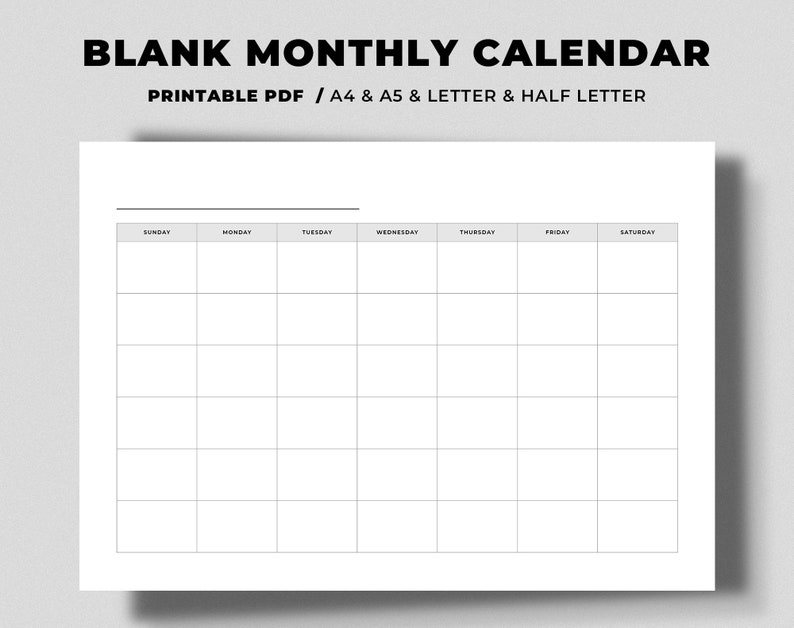 Blank Monthly Calendar Printable Horizontal Calendar Basic Etsy