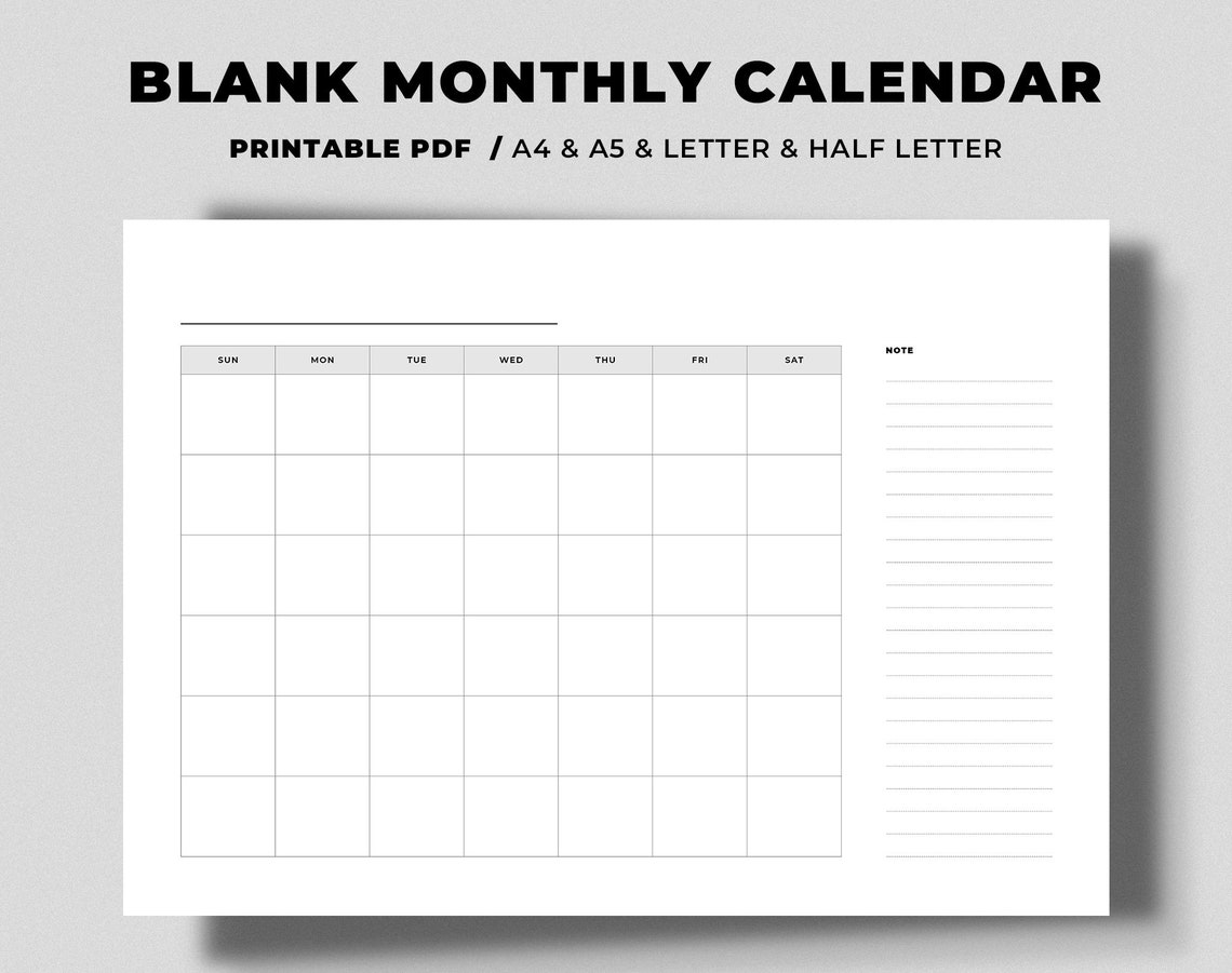 Blank Monthly Calendar Printable | Horizontal Calendar | Minimalist ...