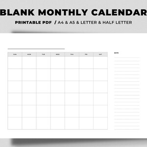 Blank Monthly Calendar Printable | Horizontal Calendar | Minimalist ...