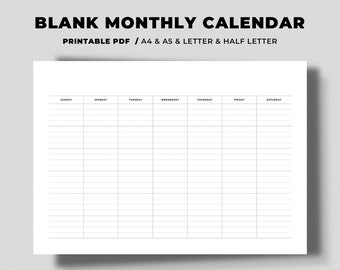 Einfache Zeile Blank Monatskalender | Druckbare PDF | Horizontaler Kalender | Basic Kalender | Sonntag Start | A4, A5, Letter & Half Letter Größe