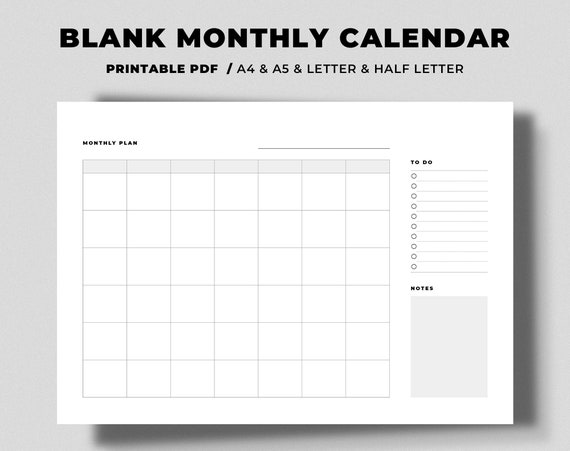 Blank Monthly Calendar Printable Horizontal Calendar | Etsy