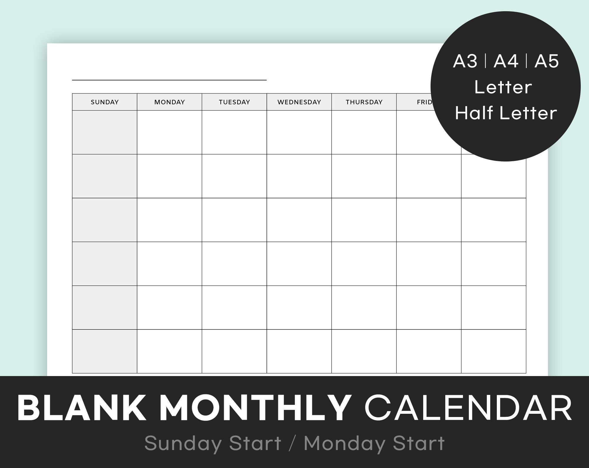 Calendario Mensual En Blanco Imprimible Calendario Etsy
