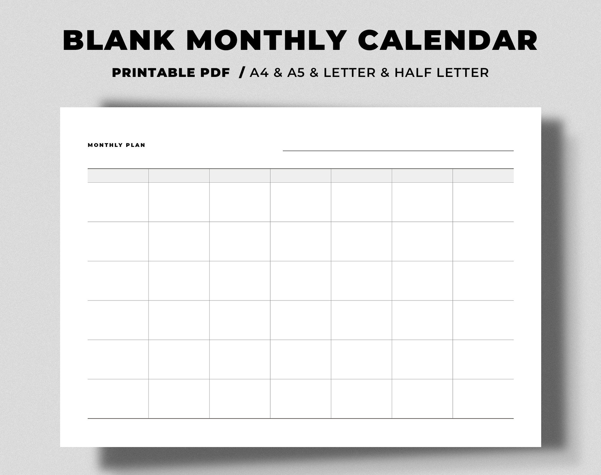 Blank Monthly Calendar Printable | Horizontal Calendar | Undated ...