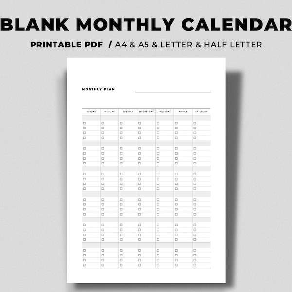 Minimalist Monthly Calendar | Vertical Calendar | Undated Planner Inserts | Sunday Start | A4, A5, Letter & Half Letter size | Printable PDF