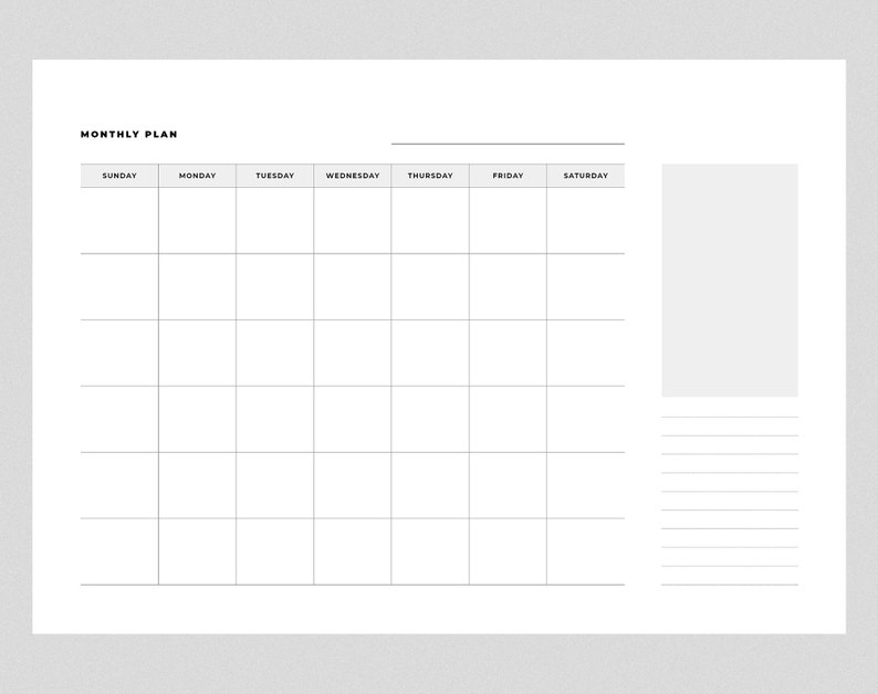Blank Monthly Calendar Printable Horizontal Calendar Minimalist Sunday ...