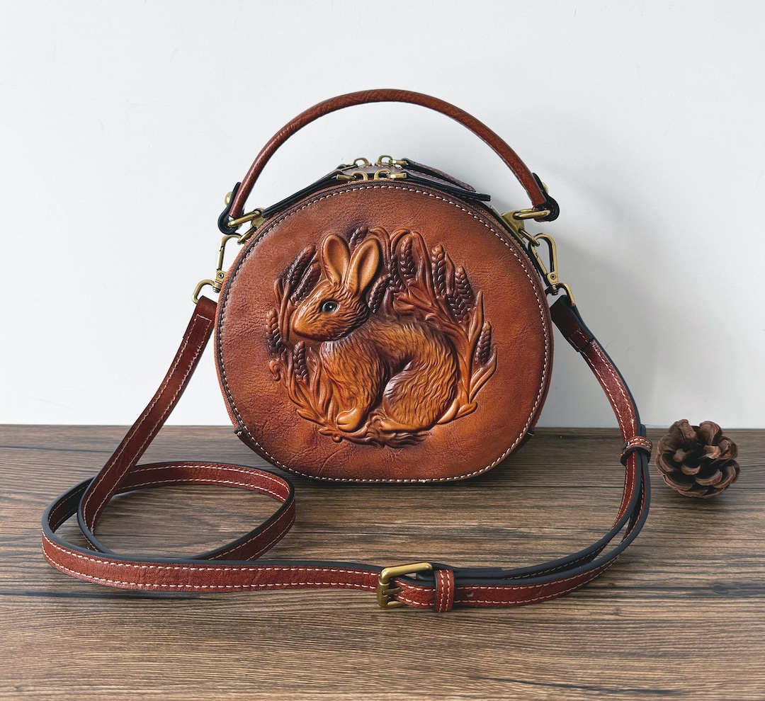 Bunny Embossed Tote, Rabbit Pattern Handbag, Retro Round Leather Women ...