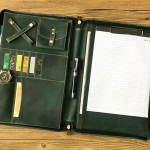 Personalized leather Portfolio, Zippered Padfolio with Clipboard, Legal Size 8.5x14&quot; Notepad Planner, 15-inch Laptop Organizer Case, Gift