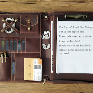 Personalized leather Portfolio, Zippered Padfolio with Clipboard & Handle, Legal Size 8.5x14" Notepad Planner, 15-inch Laptop Organizer Case