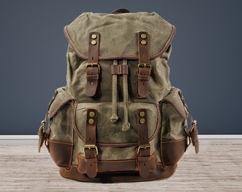 Retro Canvas Leather Backpack, Unisex Rucksack, Men's Large Capacity Travel Bag, Waterproof Outdoor Daypack, Leather Trim Military Army Bag