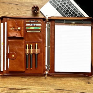 Personalized Leather Portfolio 3 Ring Binder, Custom Portfolio with Clipboard, Portfolio & Handle, Padfolio A4 Document Letter Size Folder