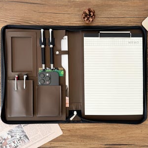 Custom A4 Portfolio, Portable Zipper Folder Business Sales Folio, Vegan Leather Padfolio, Conference Folder Men Portfolio Clipboard for Gift
