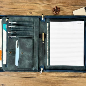 Custom Vegan Leather Business Portfolio, Vintage Leather Padfolio with Zipper, Personalized Padfolio A4 Document Bag, Birthday Office Gift