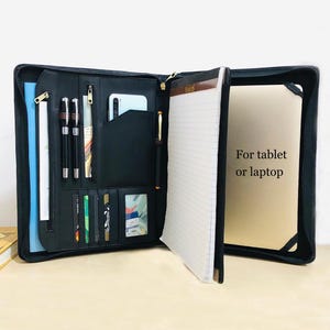 Personalized Leather Portfolio, Padfolio for Men, Portfolio with Handle, Custom Name Logo Folder with Tablet Holder, Gift for Father Him