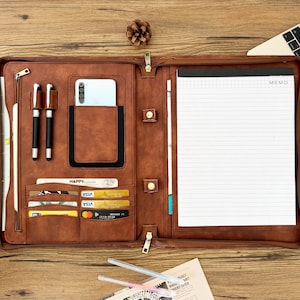 Personalized Vegan Leather Portfolio, Zipper Portfolio for Men, Letter Size Organizer Folder Padfolio A4 Document Bag, Birthday Gift for Him