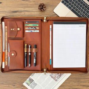 Personalized Leather Portfolio for Men, Custom Portfolio with Zipper, Portfolio & Handle, Padfolio A4 Document Letter Size Folder for Him