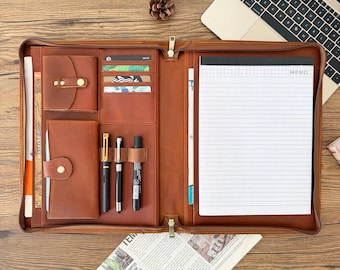 Personalized Leather Portfolio for Men, Custom Portfolio with Zipper, Portfolio & Handle, Padfolio A4 Document Letter Size Folder for Him