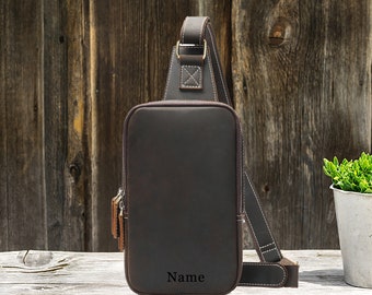 Personalisierte Leder Umhängetasche, Herren Retro Umhängetasche, Crossbody Tasche Herren Leder Brusttasche Umhängetasche Hochzeit Geburtstag Geschenk für Ihn