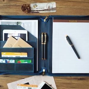 Portafolio de cuero personalizado, portafolio para bloc de notas tamaño carta, portafolio para hombres, portafolio con cremallera, regalo de cumpleaños para promoción de graduación