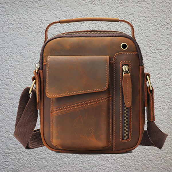 Personalized Men's Leather Shoulder Bag, Cross Body Bag for Men, Mobile Phone Pocket Bag, Retro Handbag Bag & Name logo, Father's Day Gift