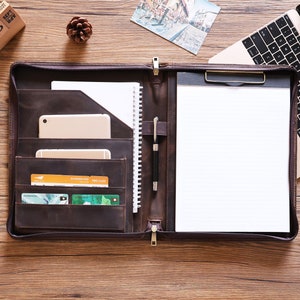 Portfolio for Men, Custom Portfolio, A4 Portfolio with Zipper Leather Padfolio for Women, Leather Compendium Business Birthday Engraved Gift