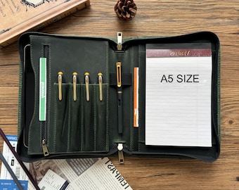 Personalized Leather A5 Portfolio, Zipper Portfolio Travel Leather Planner  for Men, Leather Journal Diary Notebook Cover, Women Folder Gift