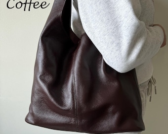 Soft Real Leather Women Shoulder Bag, Women Tote Bag, Large Hobo Slouch Travel Work Bag, Leather Handbag Purse Wallet Christmas Gift for Her
