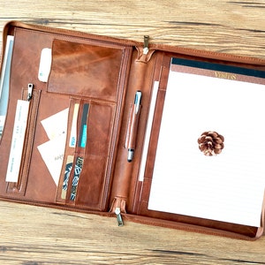 Portafolio de cuero personalizado con cremallera, tamaño carta A4, carpeta para bloc de notas, portafolio con nombre y logotipo, organizador empresarial, regalo de boda