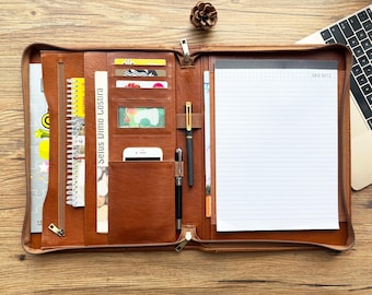 Personalized Leather Portfolio, Zippered A4 Padfolio, Business Gift