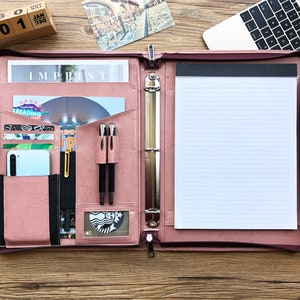 Portafolio rosa para mujer, carpeta de 3 anillas personalizada con nombre y logotipo, portafolio A4 para mujer, portafolio con cremallera, organizador de regalos para mujer