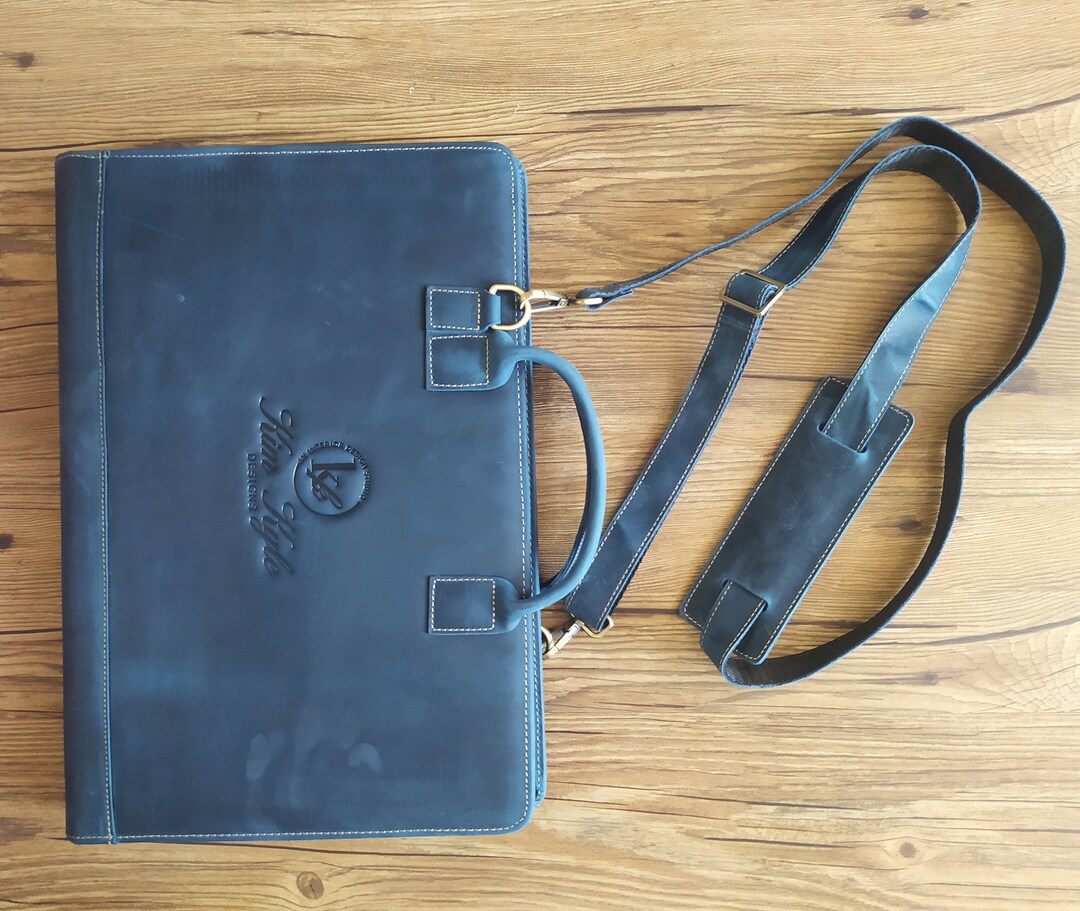 Engraved Leather Portfolio With Shoulder Strap & Handle, Zippered
