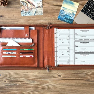Portfólio de cheques de couro personalizado com 7 argolas, pasta de cheques empresarial com 7 argolas, pasta de cheques de couro vegano com alça para folhas de 9x13"