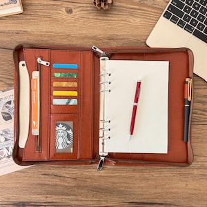 Diário de couro vegano recarregável personalizado A5, capa para caderno, fichário com 6 argolas, planejador, portfólio feminino, pasta para ele, presente de aniversário