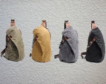 Retro Canvas Sling Bag, Men's Crossbody Bag, Vintage Bag with Leather Trim, Canvas Shoulder Bag, Chest Bag, Travel Bag, for Him/Father/Son