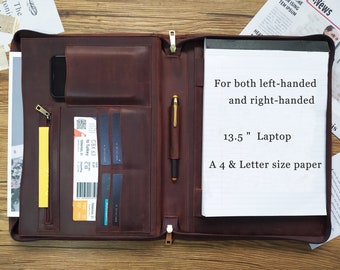 Personalized Leather Portfolio, Engraved Portfolio, Padfolio with Zipper, A4 Document Folder Business Organizer Case, Gift for Father Boss