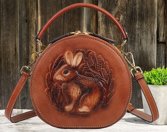 Bunny Embossed Tote, Rabbit Pattern Handbag,  Retro Round Leather Women Bag, Leather Crossbody Bag Shoulder Messenger Bag, Wedding Gift Her