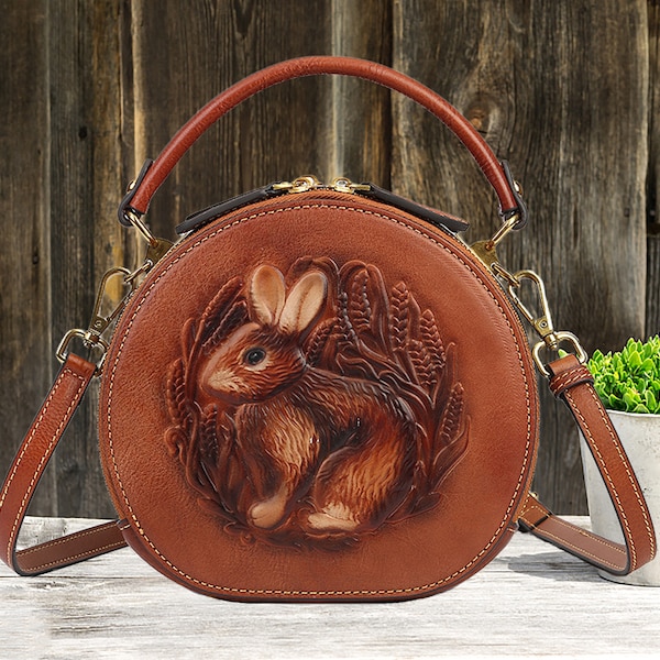 Kaninchen Muster Handtasche, Retro Runde Leder Frauen Tasche, Leder Umhängetasche Schulter Messenger Bag, Hochzeitsgeschenk