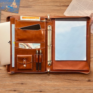 Personalized Leather Portfolio, Legal Size Portfolio with Handle, 3 Ring Binder Padfolio & Zipper, 15" Laptop Bag Business Organizer for Him