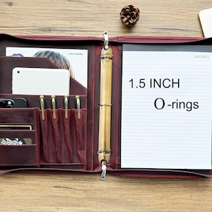 Personalized Leather Portfolio: 1.5 inch O-ring Binder Retro Portfolio & Zipper, Padfolio A4 Document Bag 3 Ring Binder Business Organizer