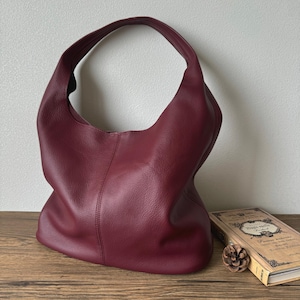 Sac en cuir souple pour femme, fourre-tout, grand sac à main hobo, sac souple, sac à main en cuir, sac à bandoulière pour femme avec poignée haute, sac rouge vin pour elle
