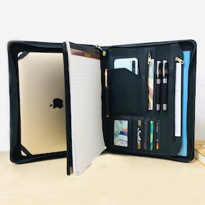 Left Handed Leather Portfolio, Padfolio for Men, Portfolio with Handle, Custom Name Logo Folder with Tablet Holder, Gift for Father Him Boss