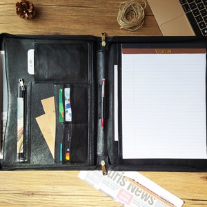 Personalized Leather Executive Portfolio Organizer, Legal Pad Document Holder, Custom Padfolio with Zipper, Corporate Gifts Working Gift