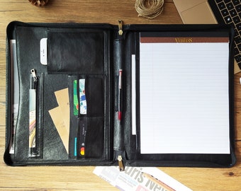 Personalized Leather Executive Portfolio Organizer, Legal Pad Document Holder, Custom Padfolio with Zipper, Corporate Gifts Working Gift