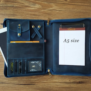 Personalized Leather Portfolio Case, Women A5 Leather Padfolio Travel Leather Planner, B5 Men Organizer, Document Holder, Tablet Pocket Blue