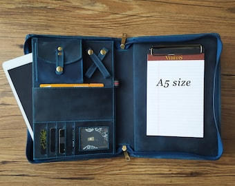 Personalized Leather Portfolio Case, Women A5 Leather Padfolio Travel Leather Planner, B5 Men Organizer, Document Holder, Tablet Pocket Blue