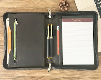 Custom A5 Leather Portfolio, Personalized Zipper Portfolio Men's Padfolio Travel Planner, Leather Journal Diary Notebook Cover, Gift for Him